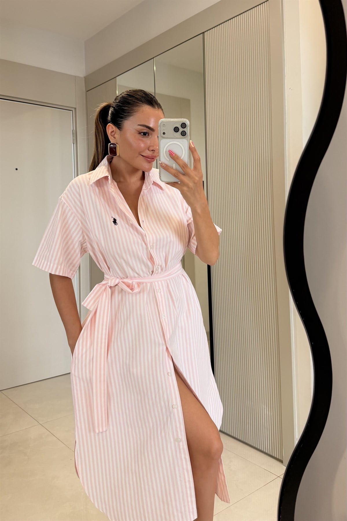 Vitoria Pembe Çizgili Gömlek Elbise