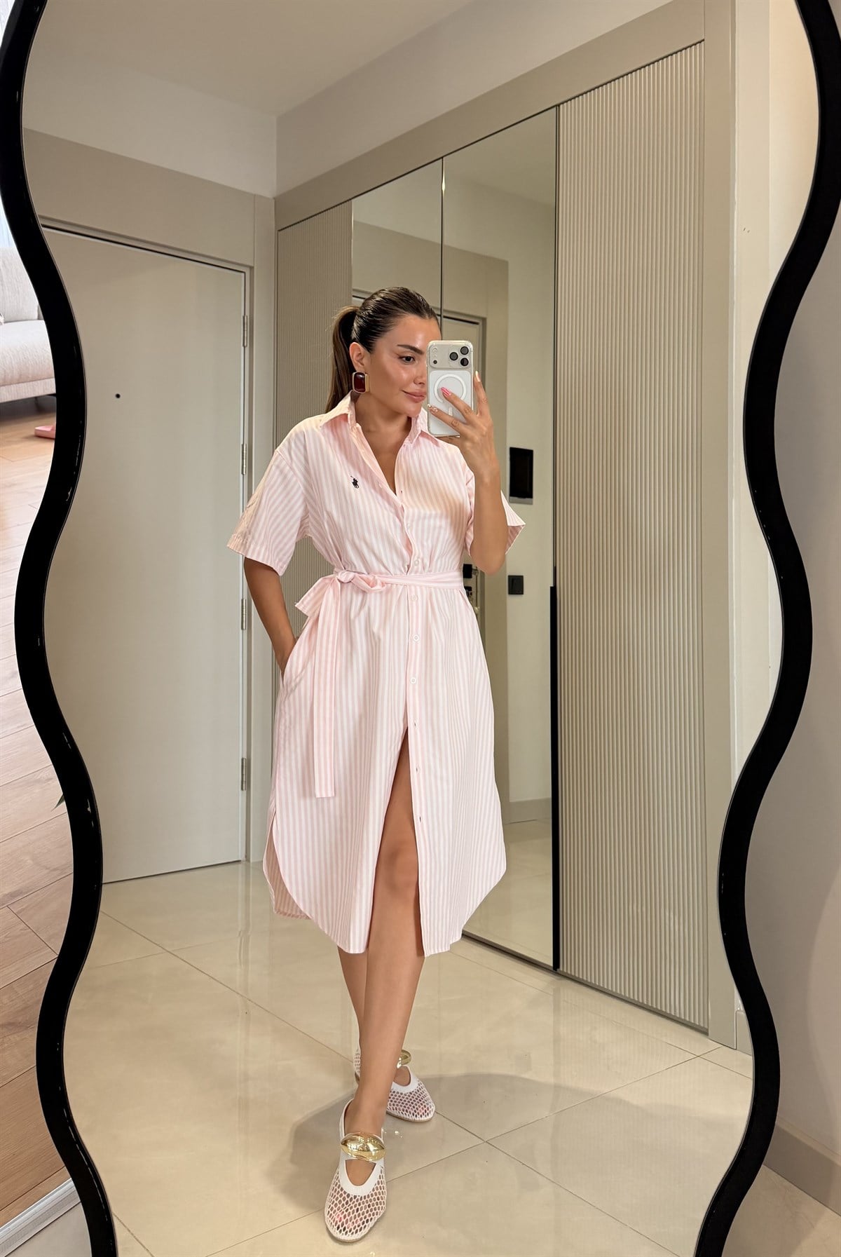 Vitoria Pembe Çizgili Gömlek Elbise