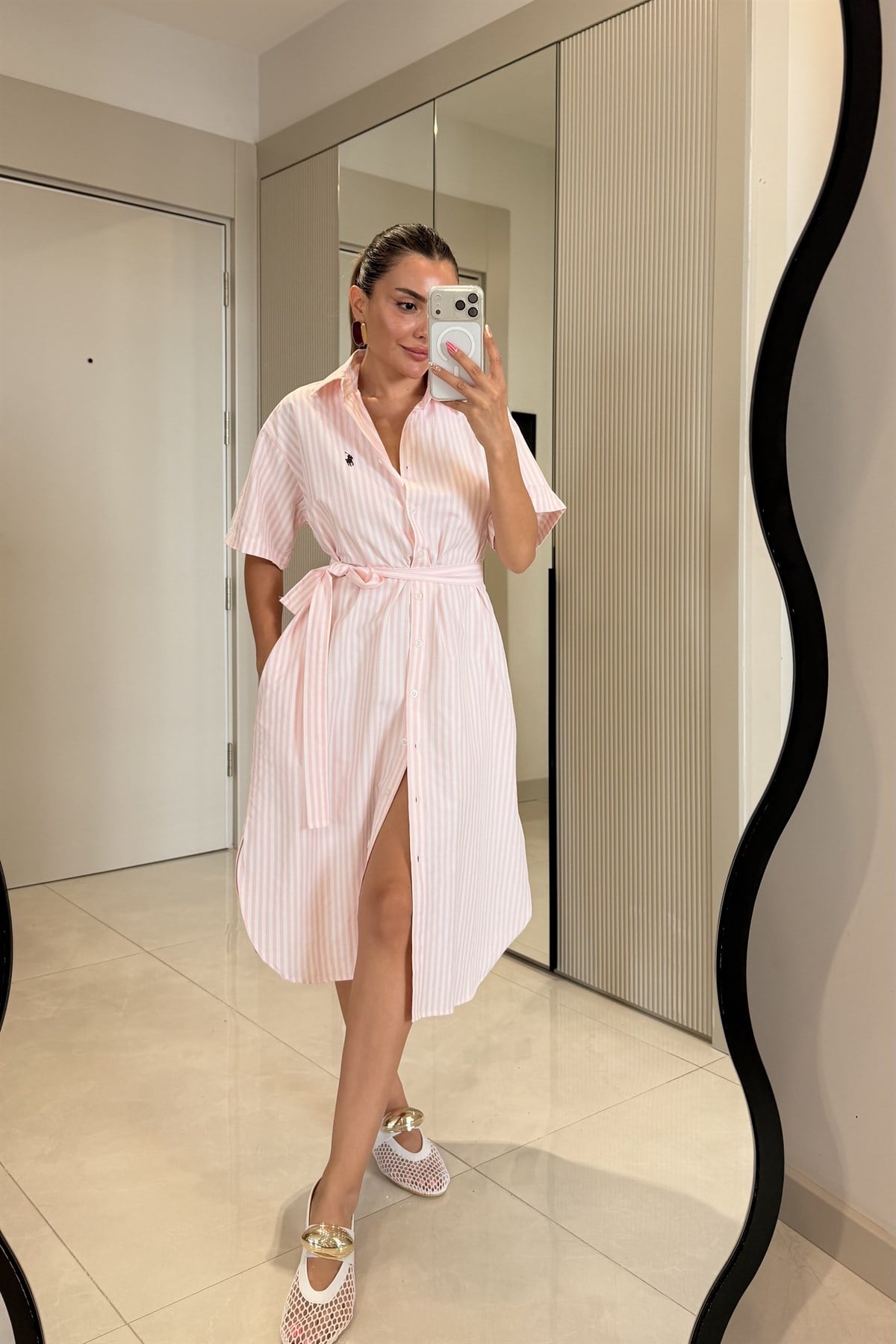 Vitoria Pembe Çizgili Gömlek Elbise