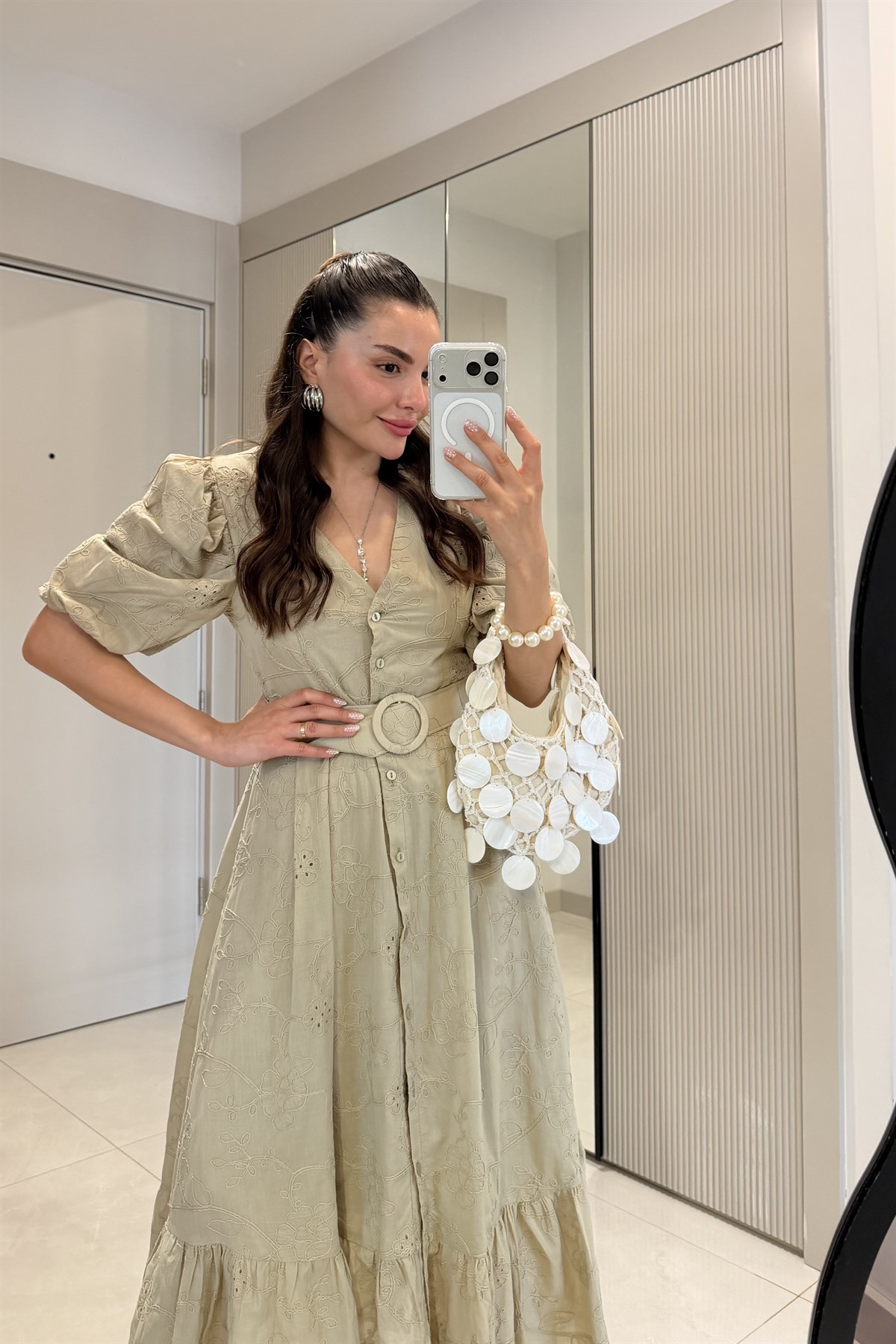 Vivielle Haki Fisto Kemerli Balon Kol Elbise