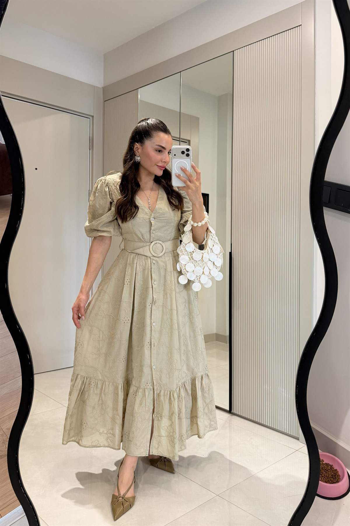 Vivielle Haki Fisto Kemerli Balon Kol Elbise