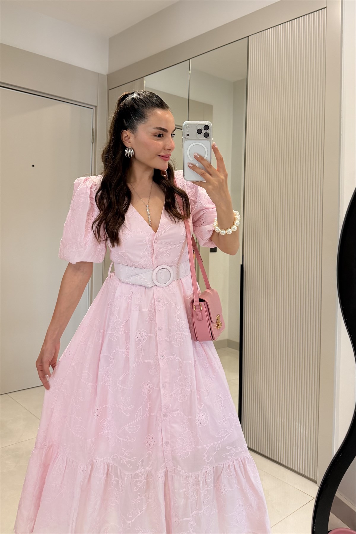 Vivielle Pembe Fisto Kemerli Balon Kol Elbise