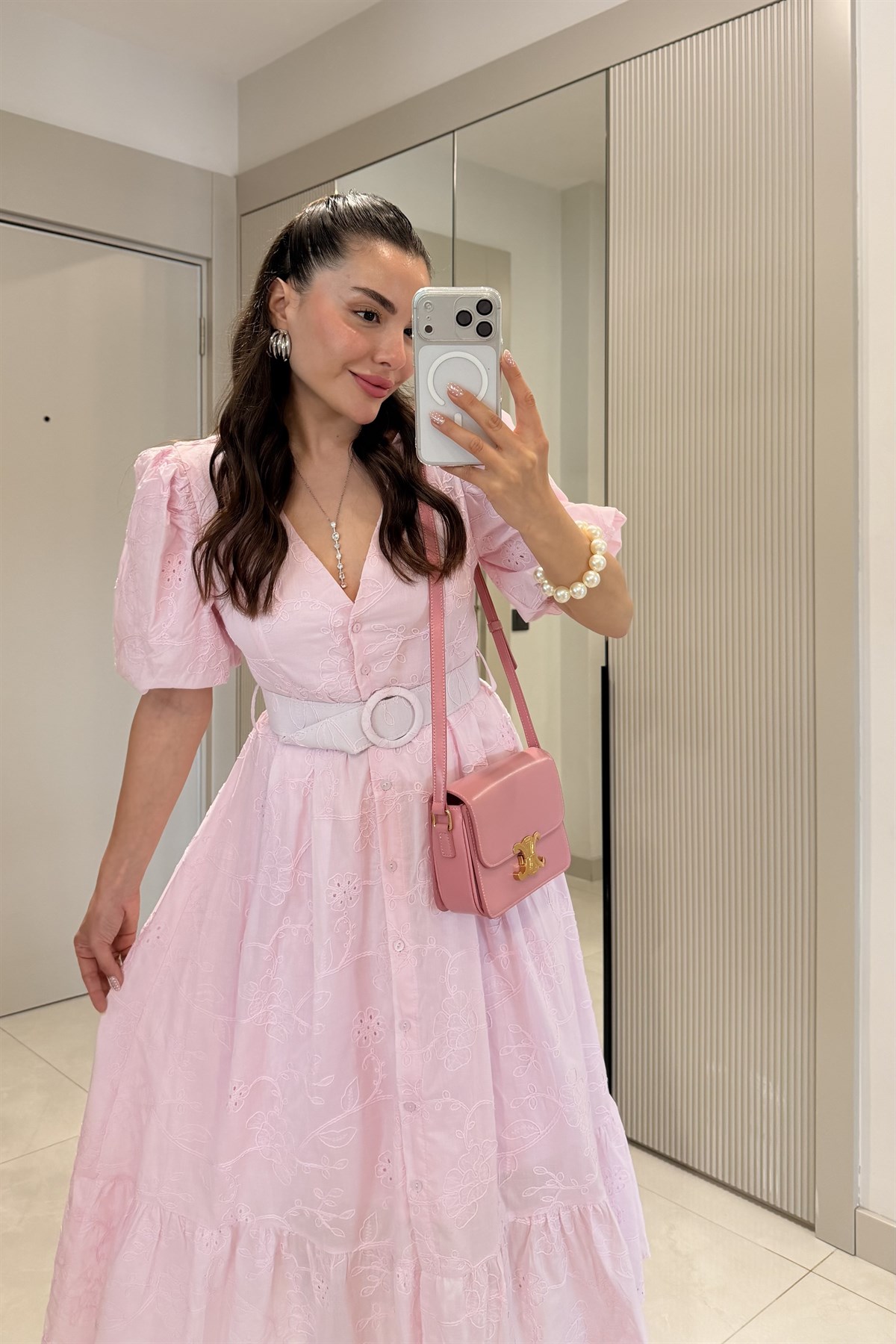 Vivielle Pembe Fisto Kemerli Balon Kol Elbise