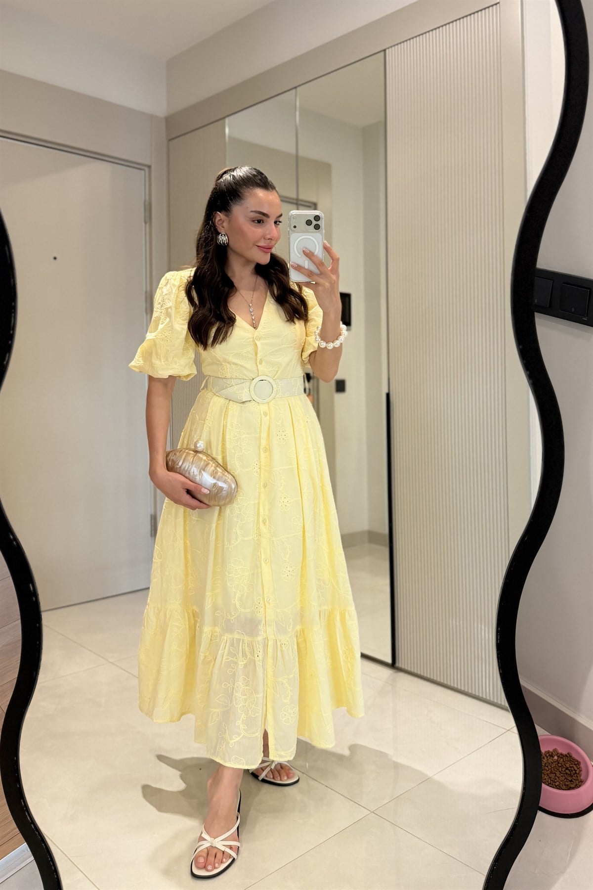 Vivielle Sarı Fisto Kemerli Balon Kol Elbise
