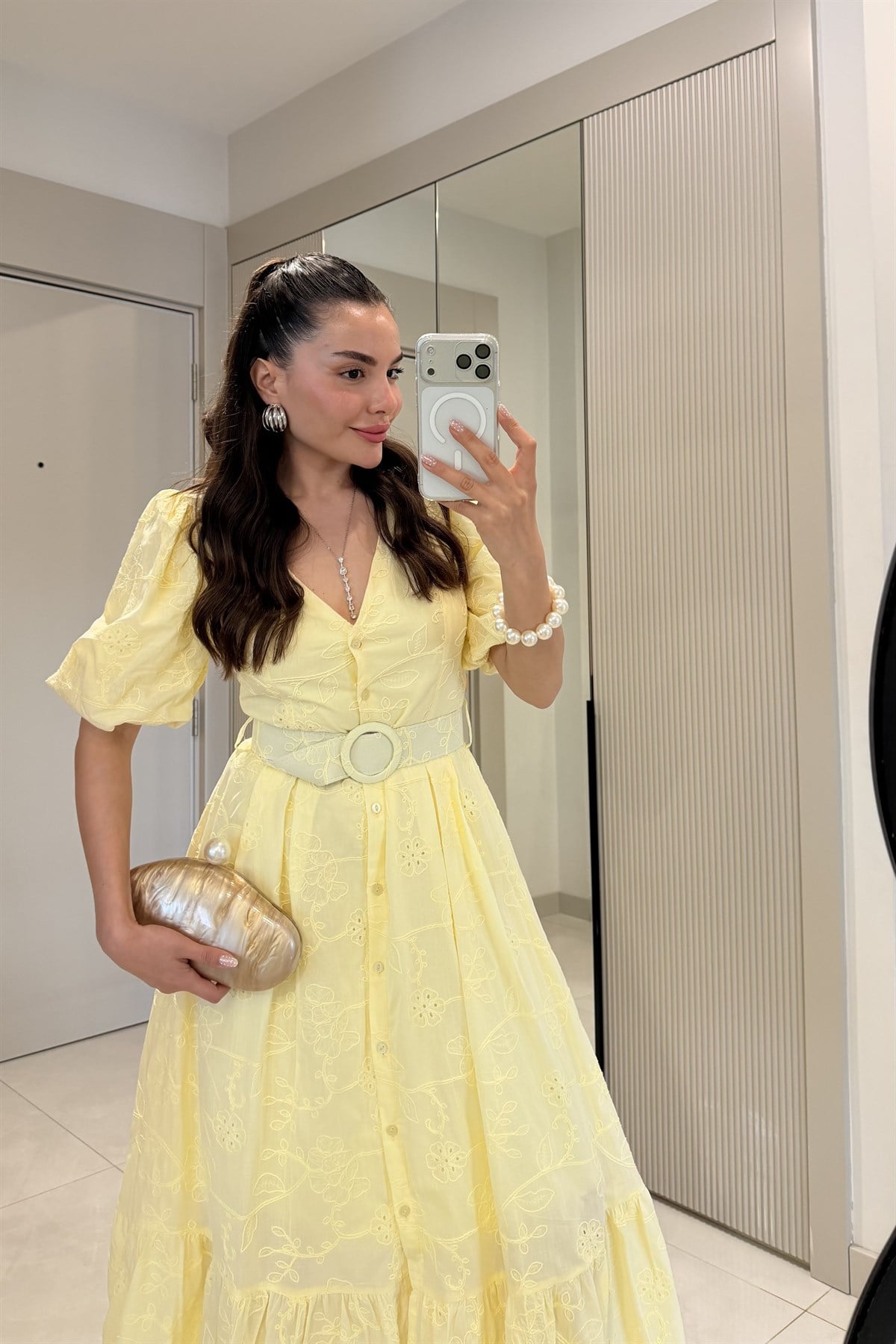 Vivielle Sarı Fisto Kemerli Balon Kol Elbise