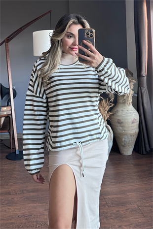 Vizon rengi çizgili sweat