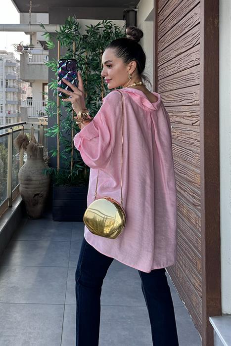 Vogie Düşük Omuzlu Oversize Gömlek - Toz Pembe