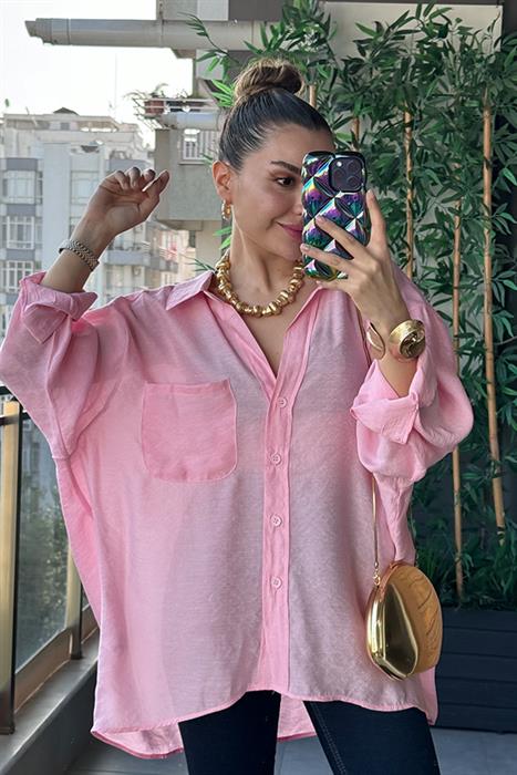 Vogie Düşük Omuzlu Oversize Gömlek - Toz Pembe