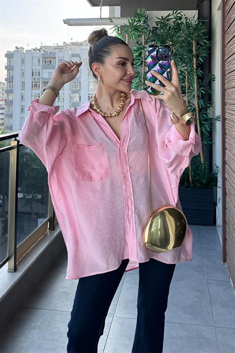 Vogie Düşük Omuzlu Oversize Gömlek - Toz Pembe