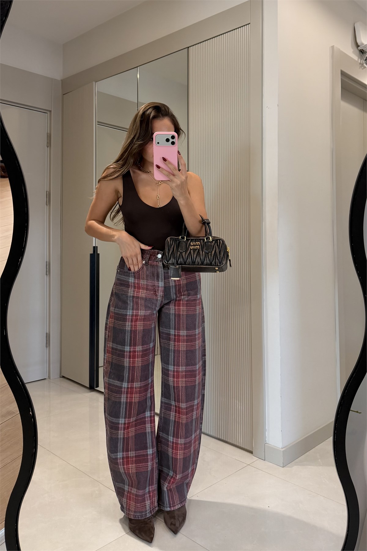 Voila Ekose Kırmızı Barrel Jean