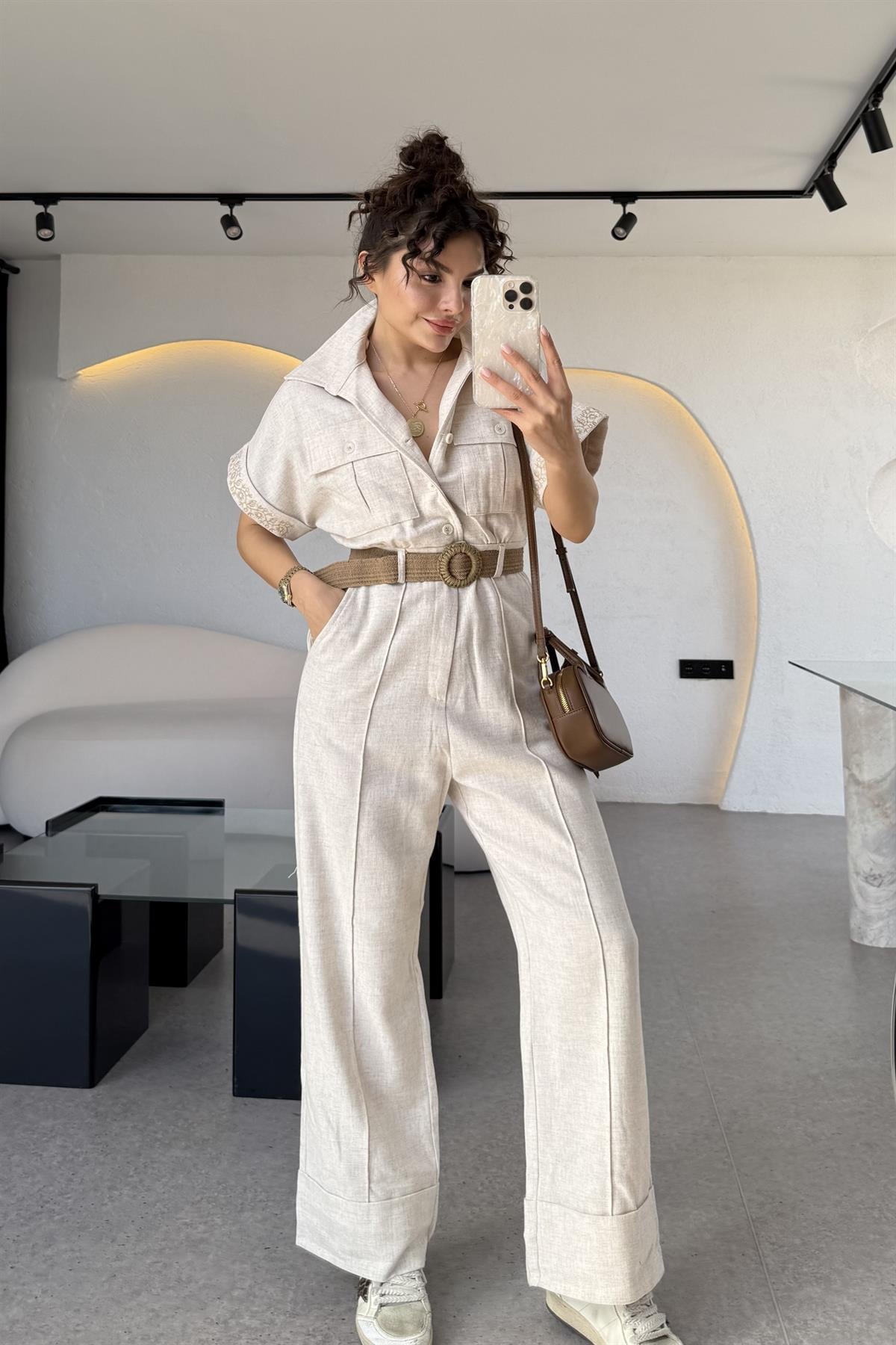 Voila Yarım Kollu Kemerli Natural Tulum