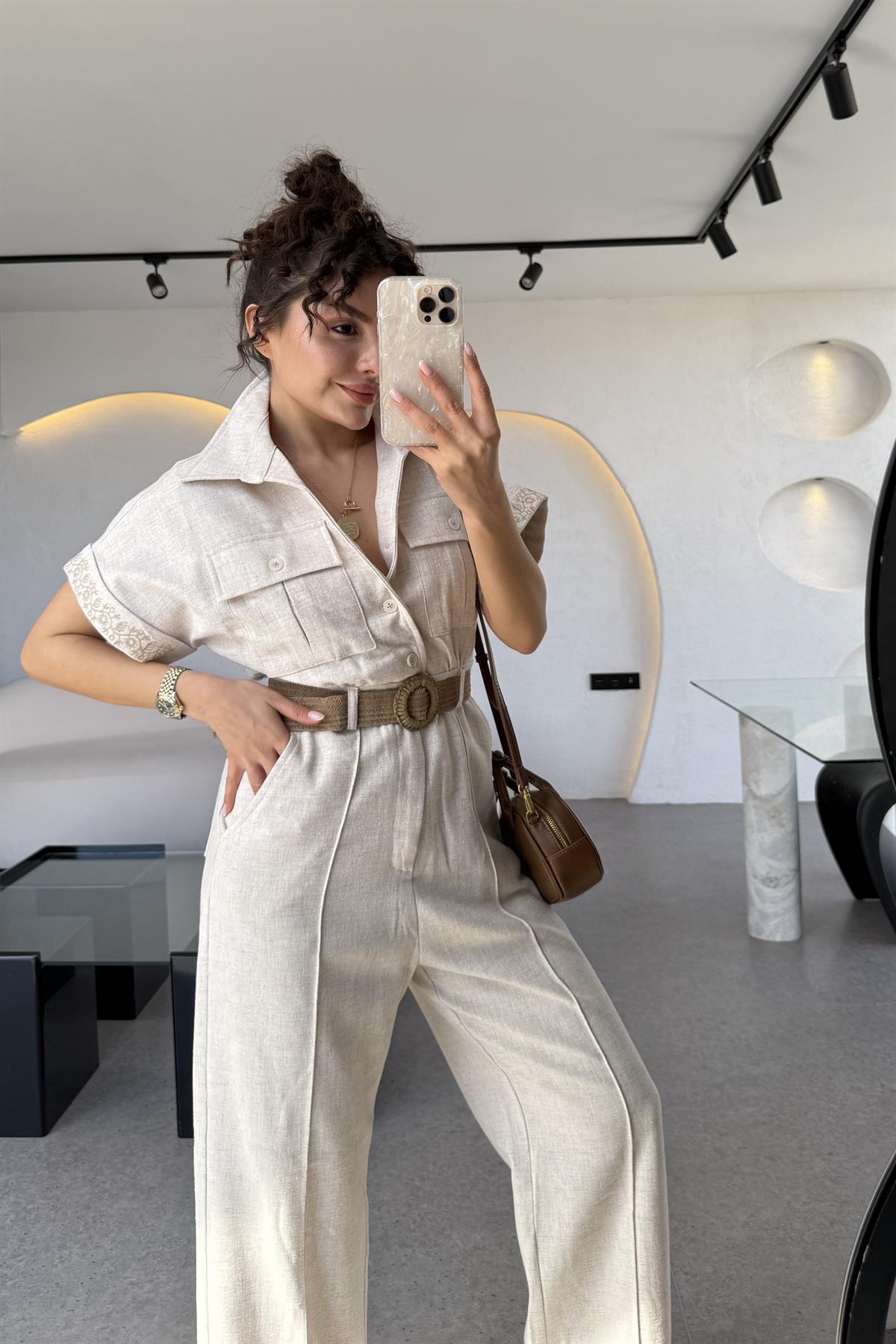 Voila Yarım Kollu Kemerli Natural Tulum