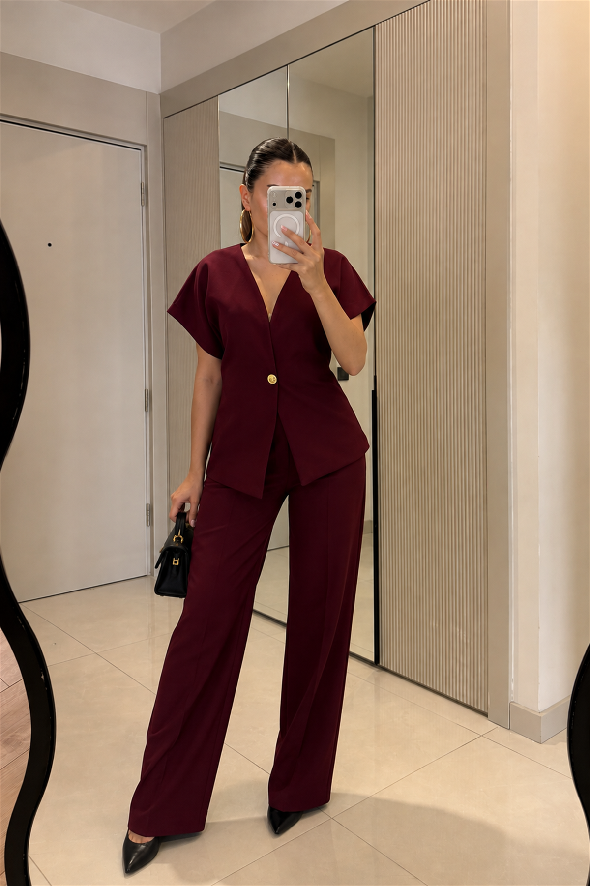 Vool Bordo Gold Düğmeli Yelek Pantolon Takım