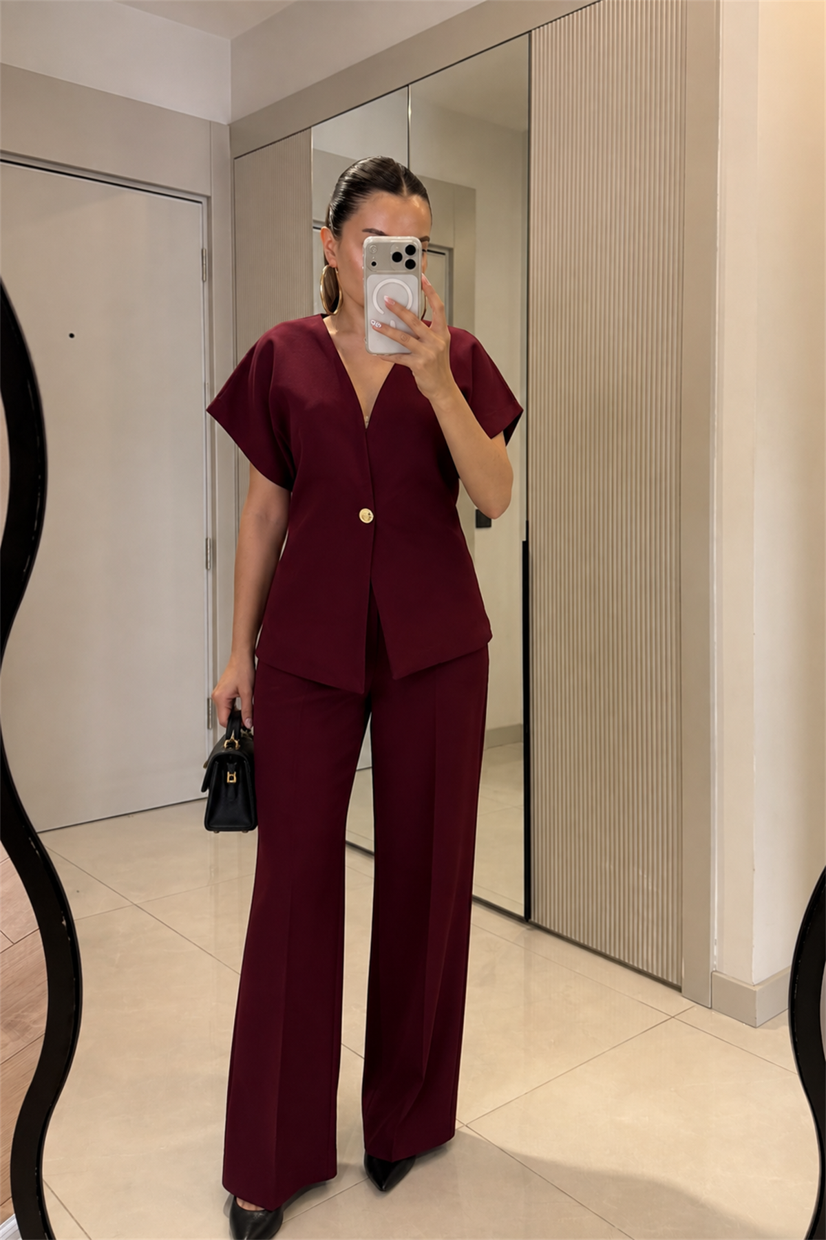 Vool Bordo Gold Düğmeli Yelek Pantolon Takım