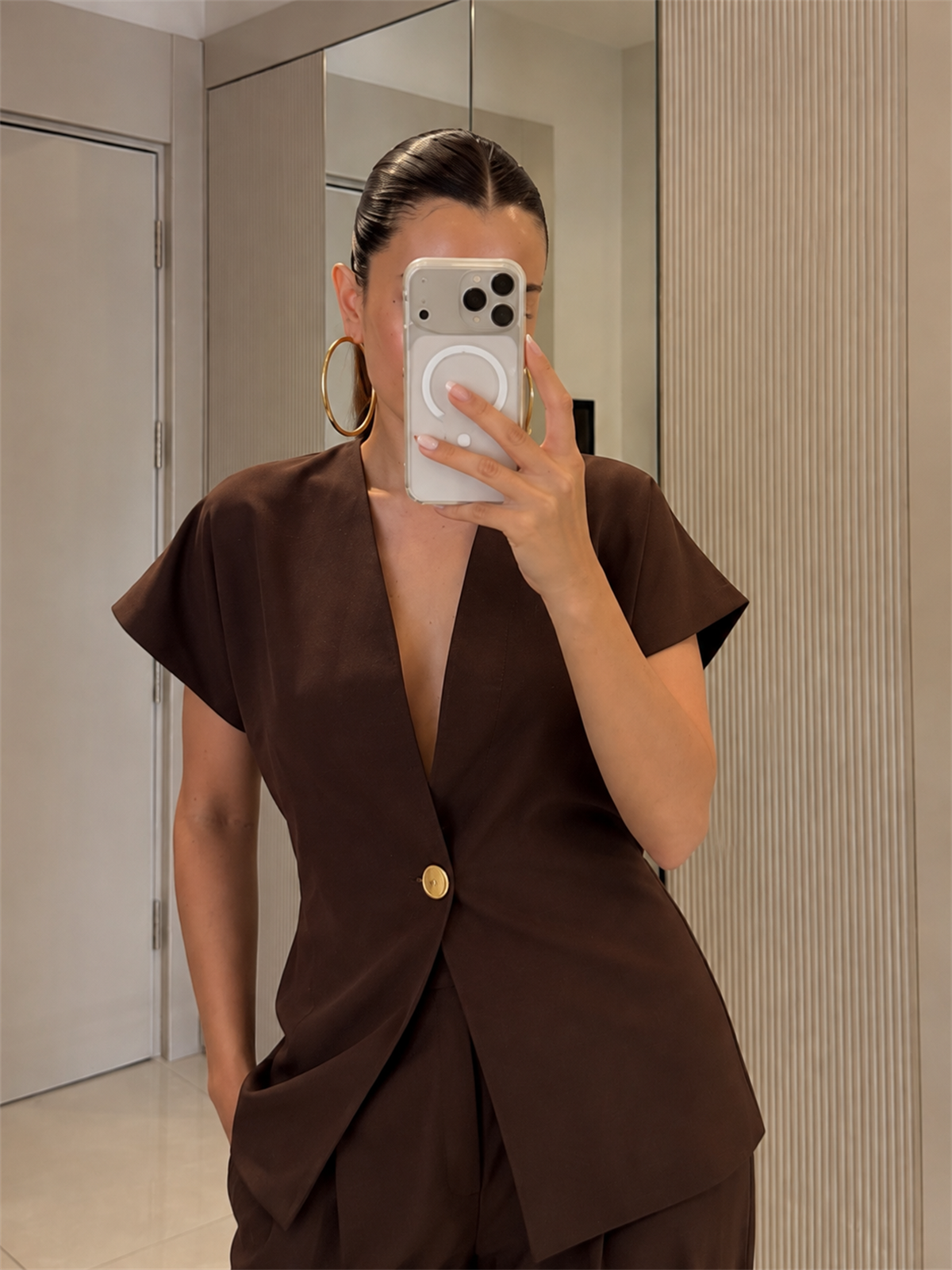Vool Kahve Gold Düğmeli Yelek Pantolon Takım