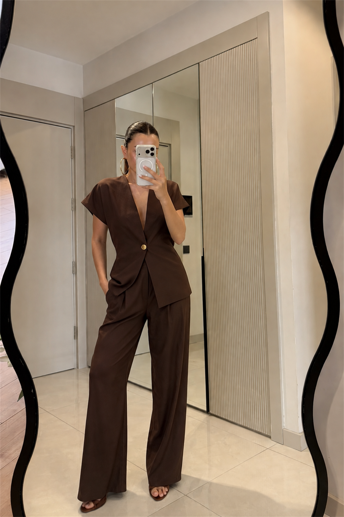 Vool Kahve Gold Düğmeli Yelek Pantolon Takım