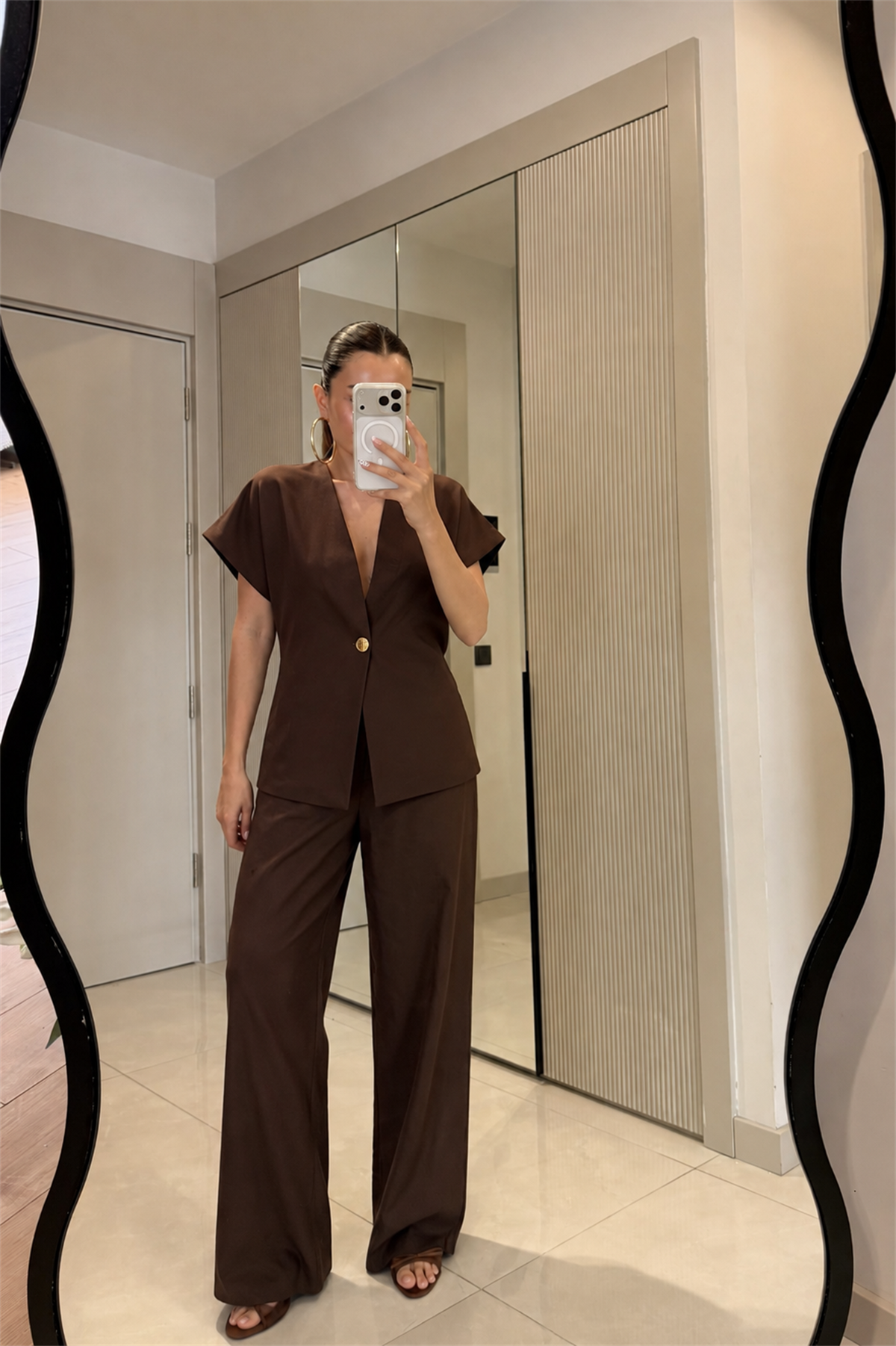 Vool Kahve Gold Düğmeli Yelek Pantolon Takım