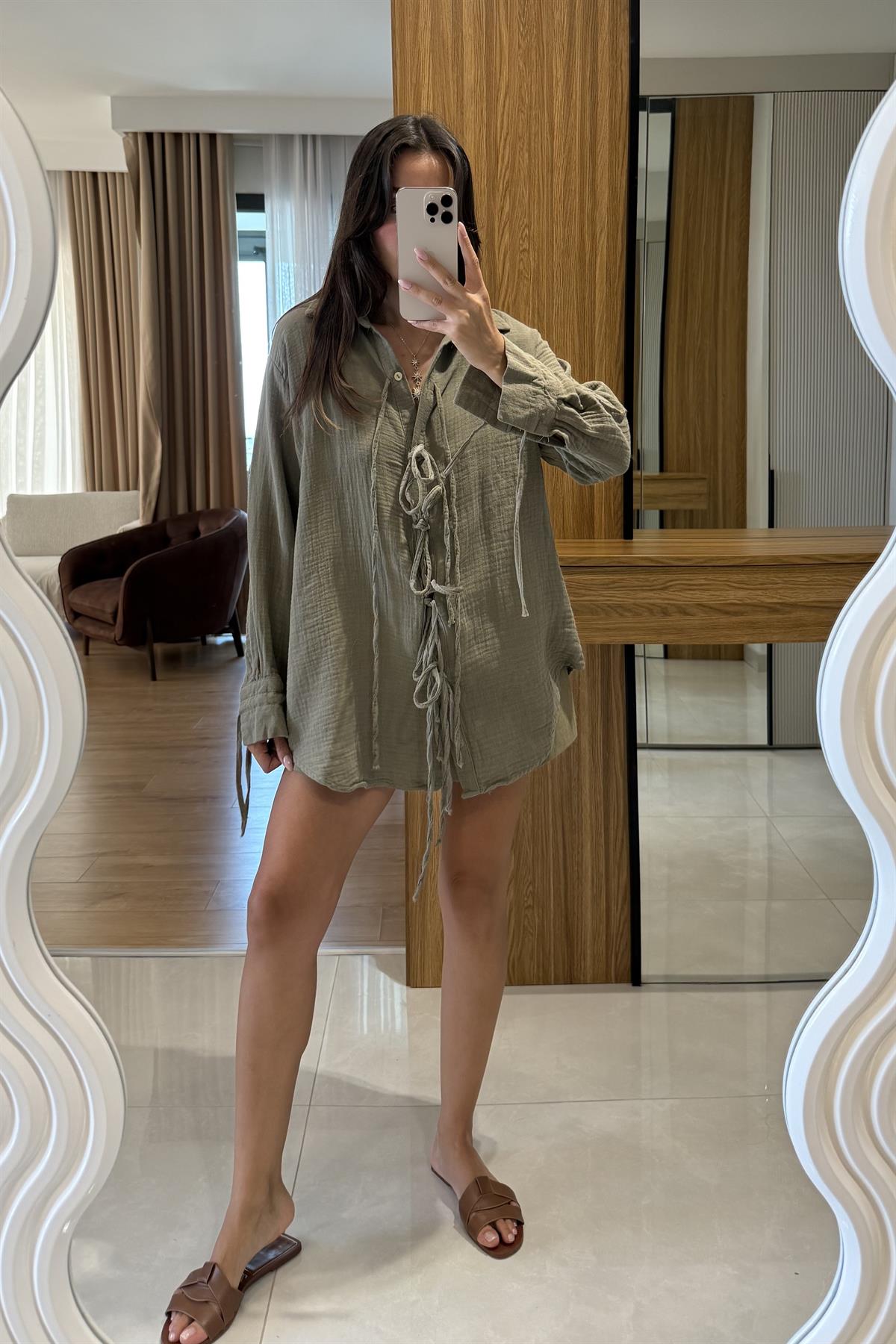 Vorge Haki Müslin İpli Bağlamalı Gömlek