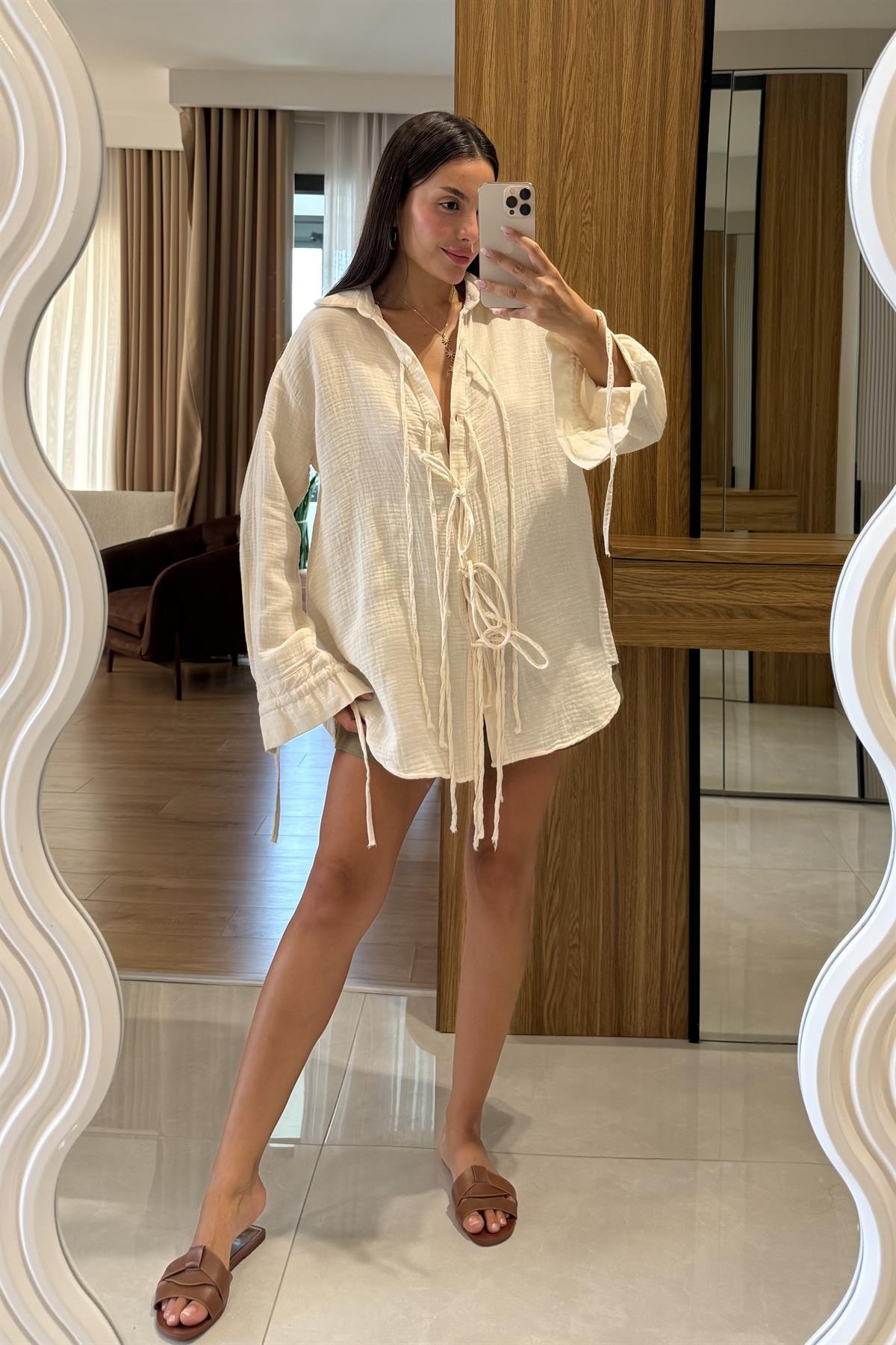 Vorge Krem Müslin İpli Bağlamalı Gömlek