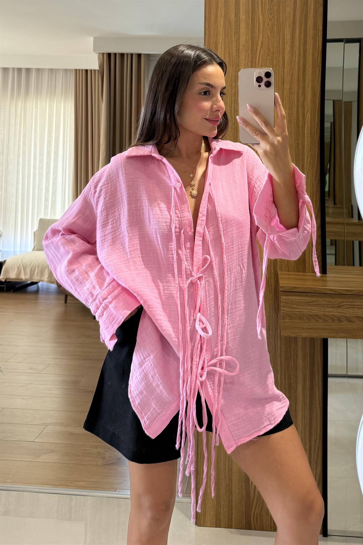 Vorge Pembe Müslin İpli Bağlamalı Gömlek