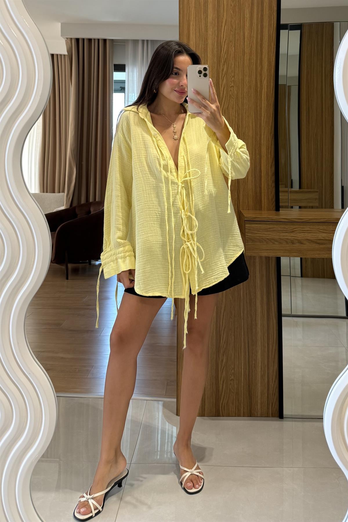 Vorge Sarı Müslin İpli Bağlamalı Gömlek