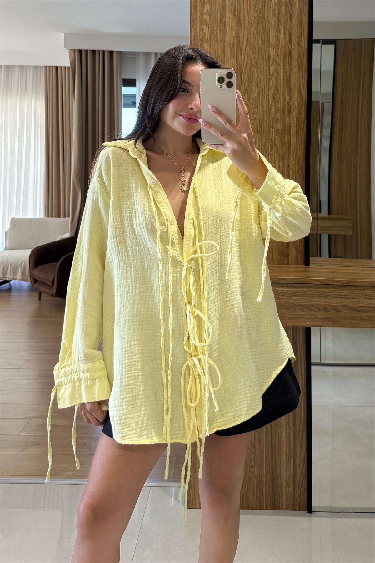 Vorge Sarı Müslin İpli Bağlamalı Gömlek
