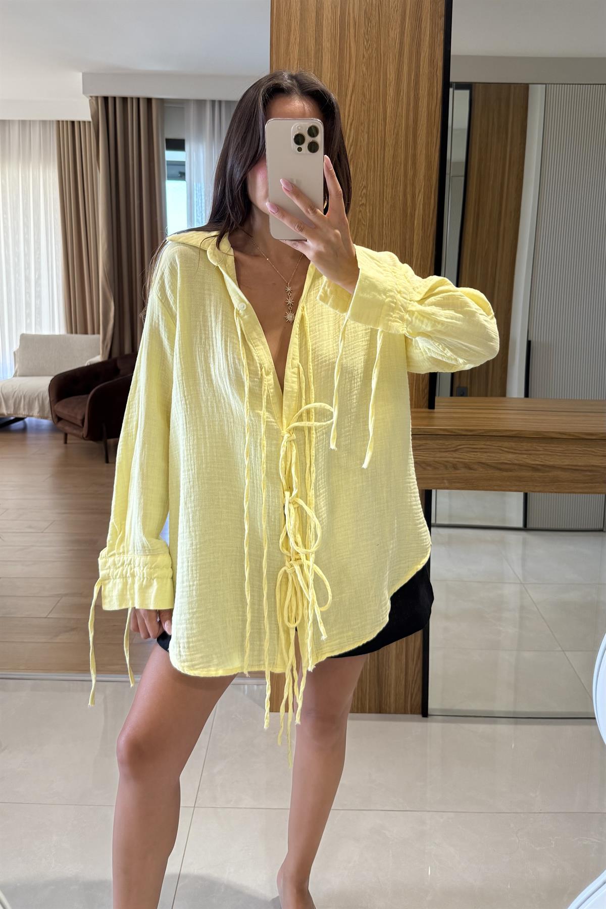 Vorge Sarı Müslin İpli Bağlamalı Gömlek