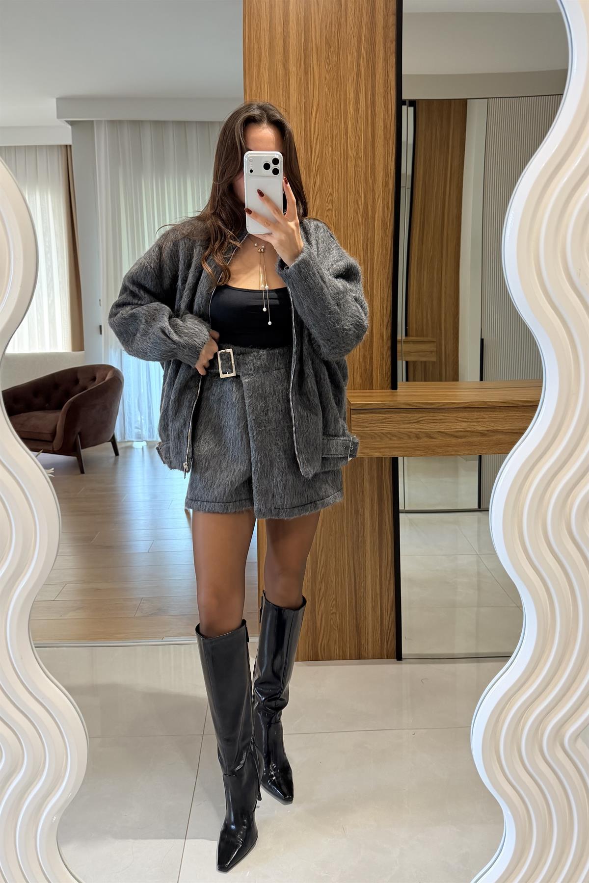 Vortex Antrasit Yumoş Dokulu Kaşe Şort Etek