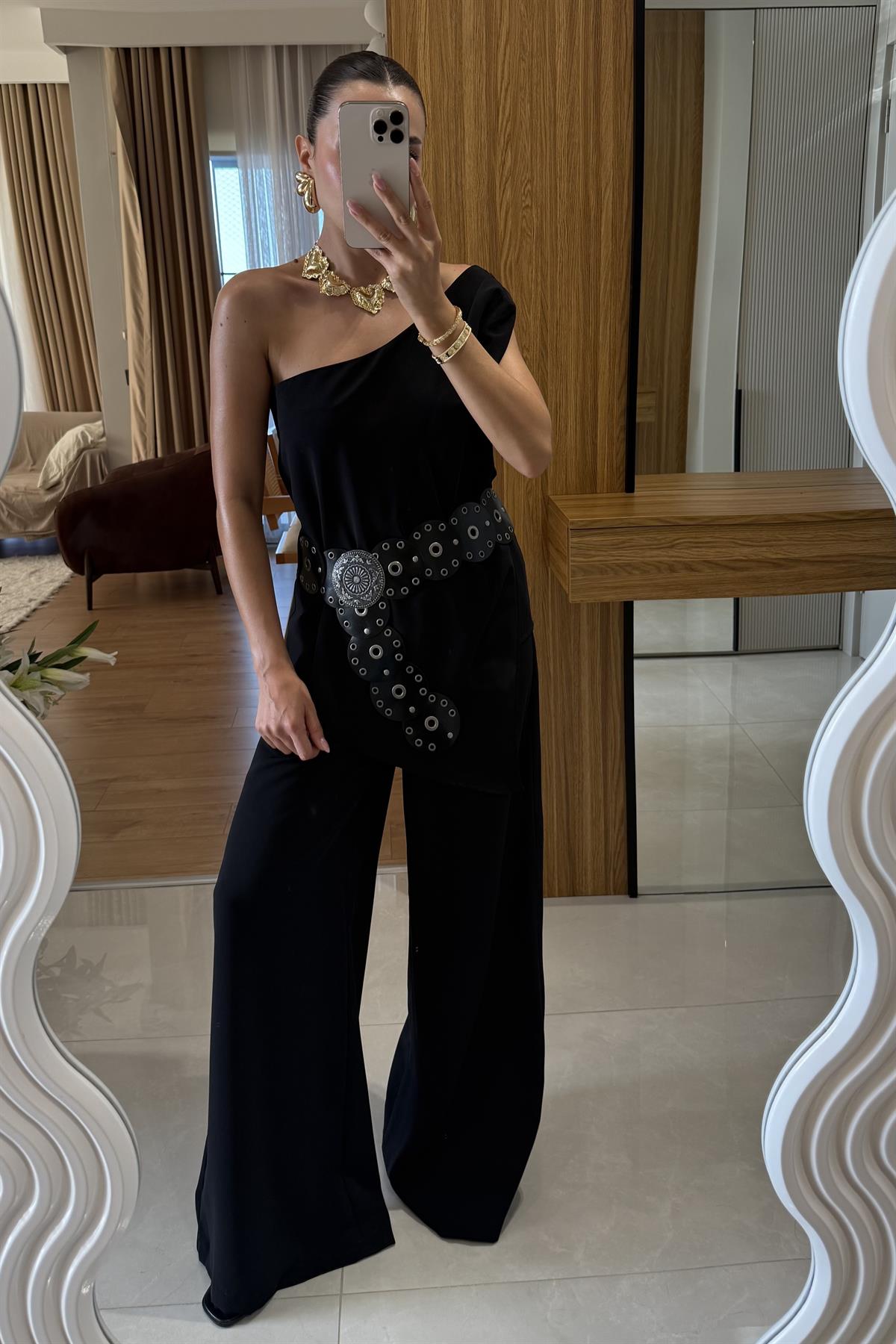 Waldra Siyah Tek Kol Asimetrik Pantolon Takım