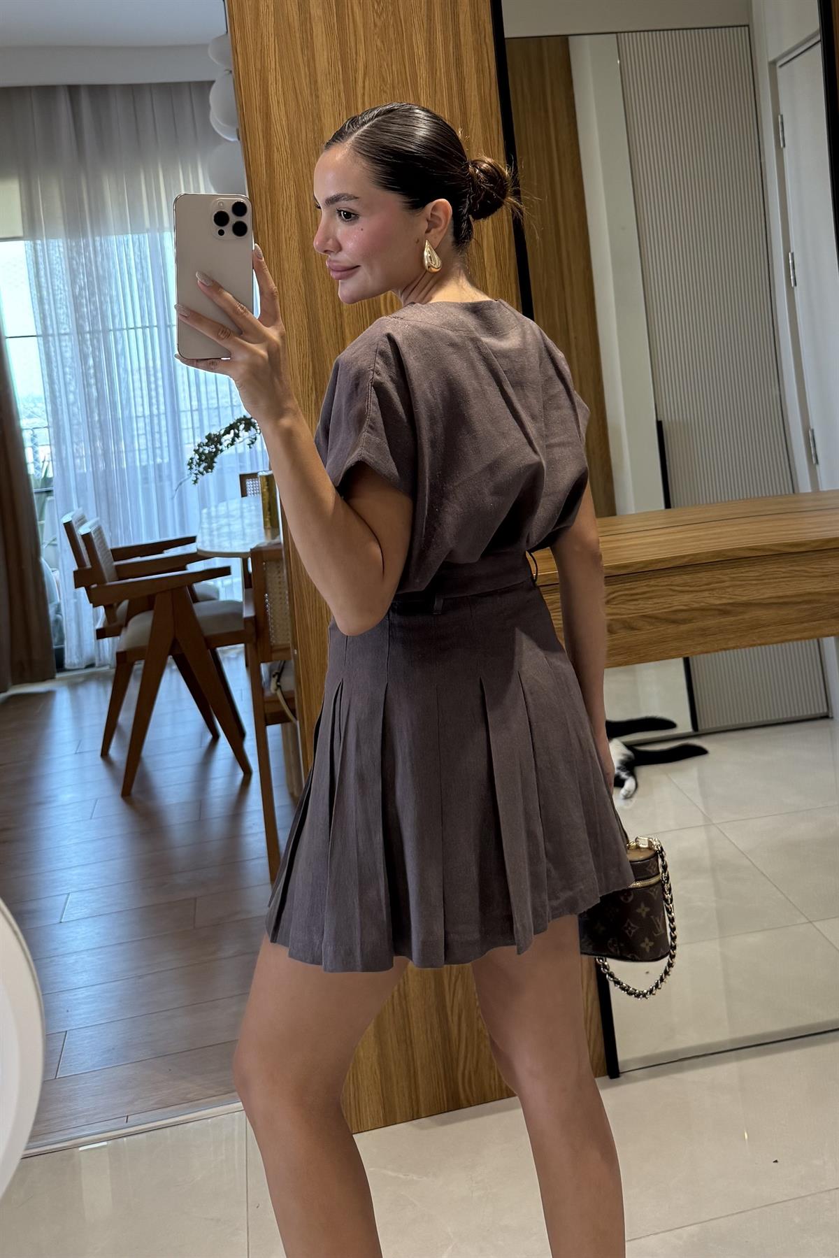 Walker Kahve Şort Etek Keten Takım