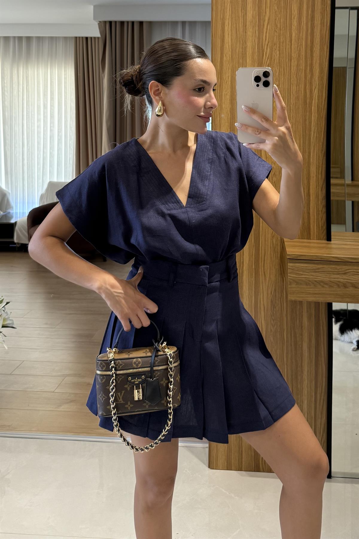 Walker Lacivert Şort Etek Keten Takım