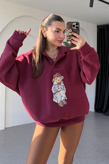 Wallet Bordo Ayı Baskılı Şardonlu Sweatshirt