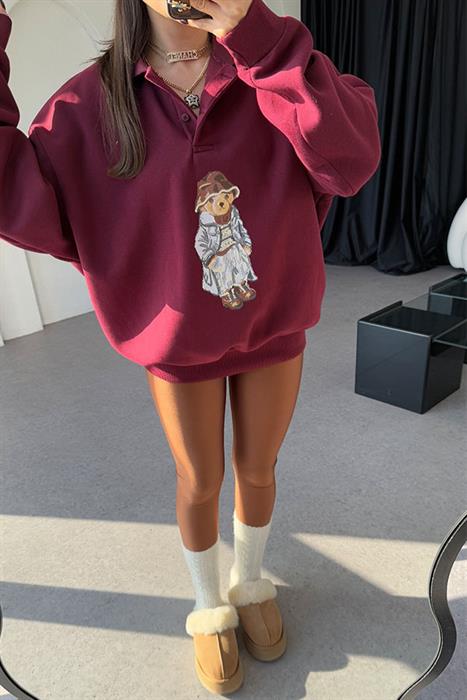 Wallet Bordo Ayı Baskılı Şardonlu Sweatshirt