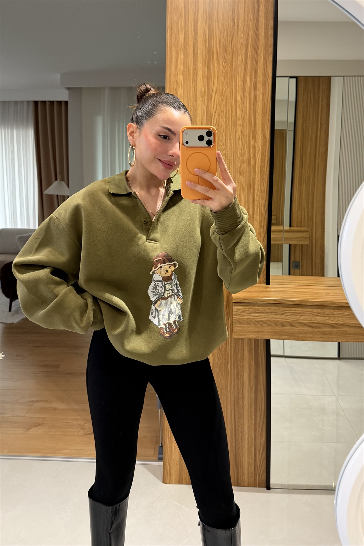 Wallet Haki Ayı Baskılı Şardonlu Sweatshirt