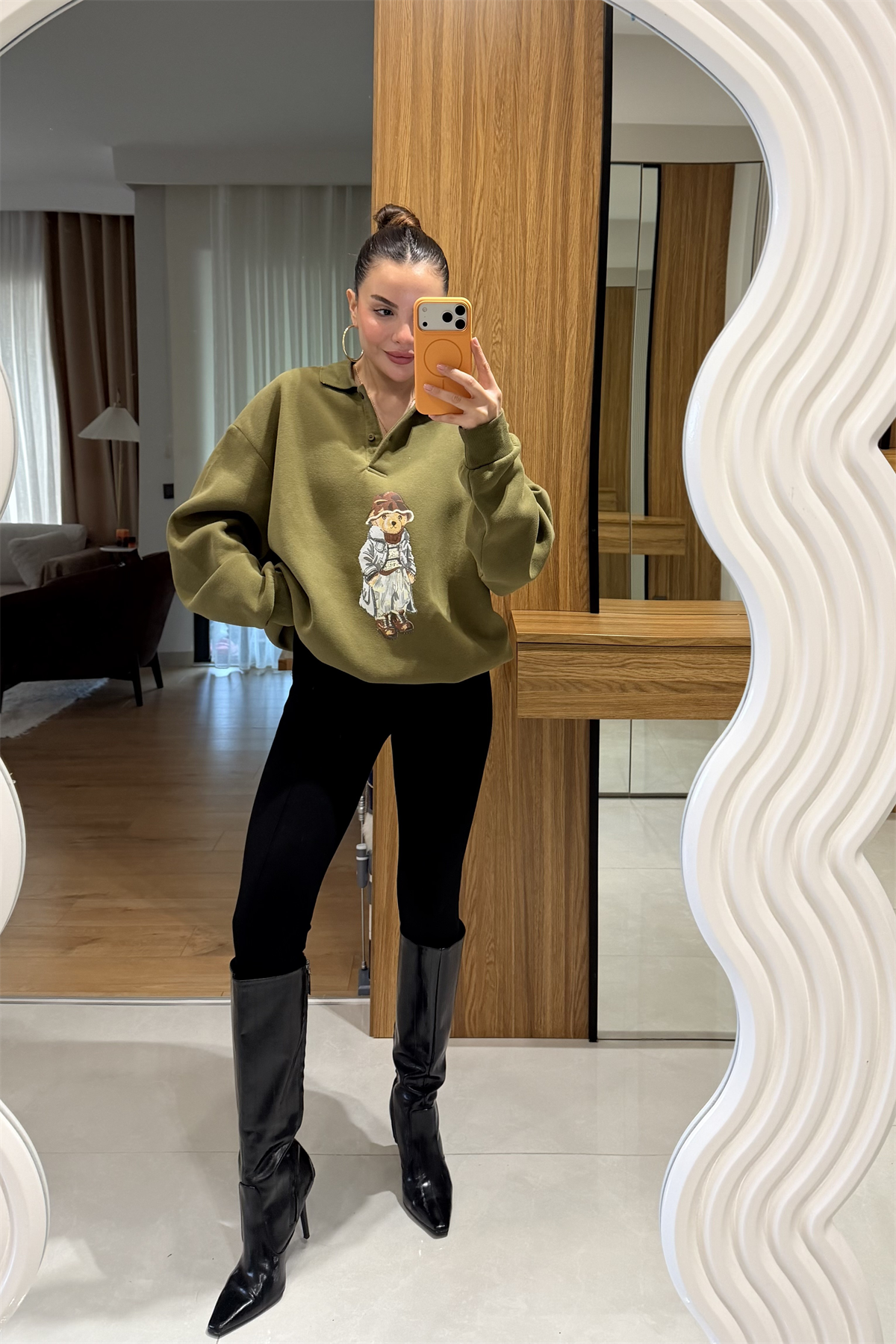 Wallet Haki Ayı Baskılı Şardonlu Sweatshirt