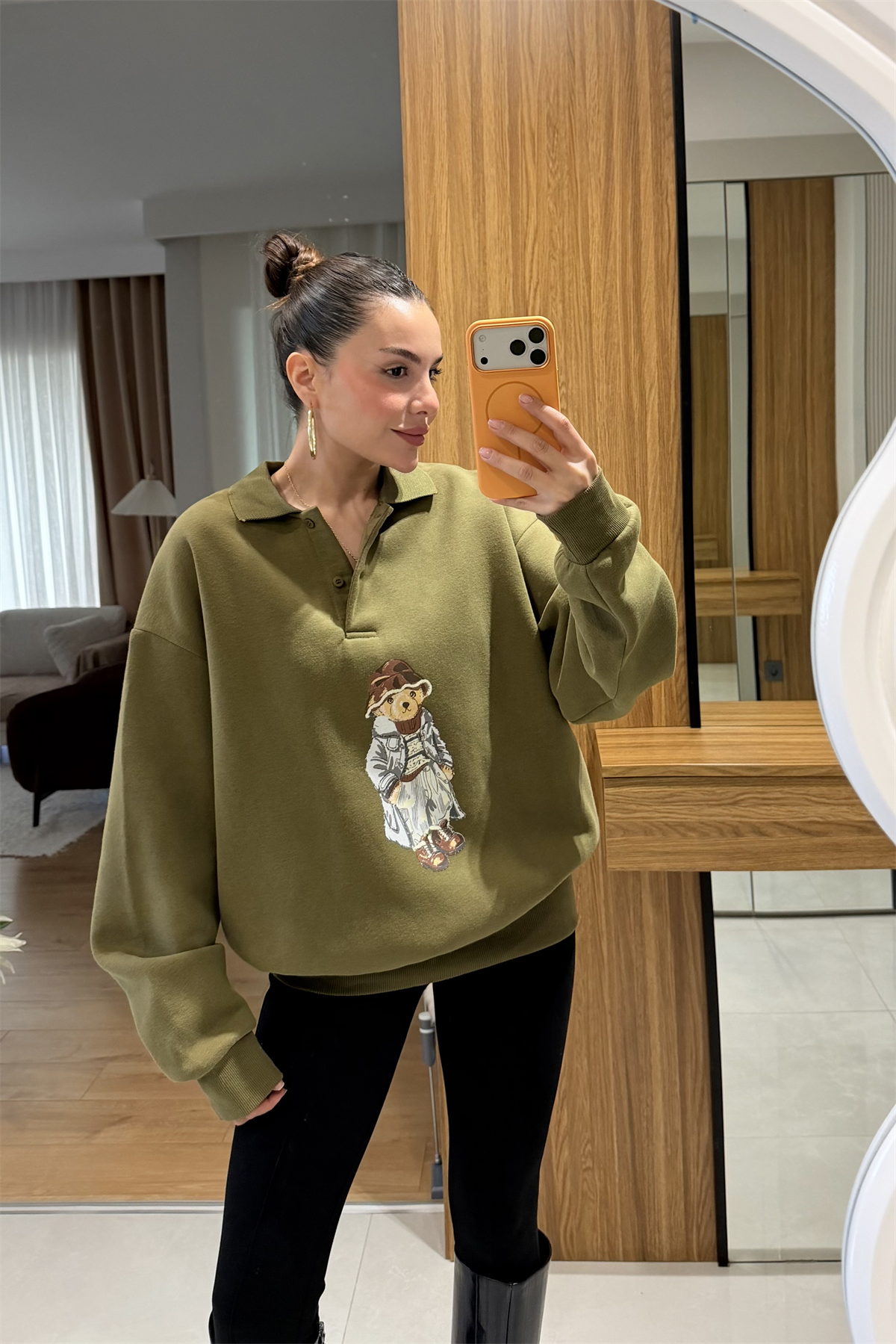 Wallet Haki Ayı Baskılı Şardonlu Sweatshirt