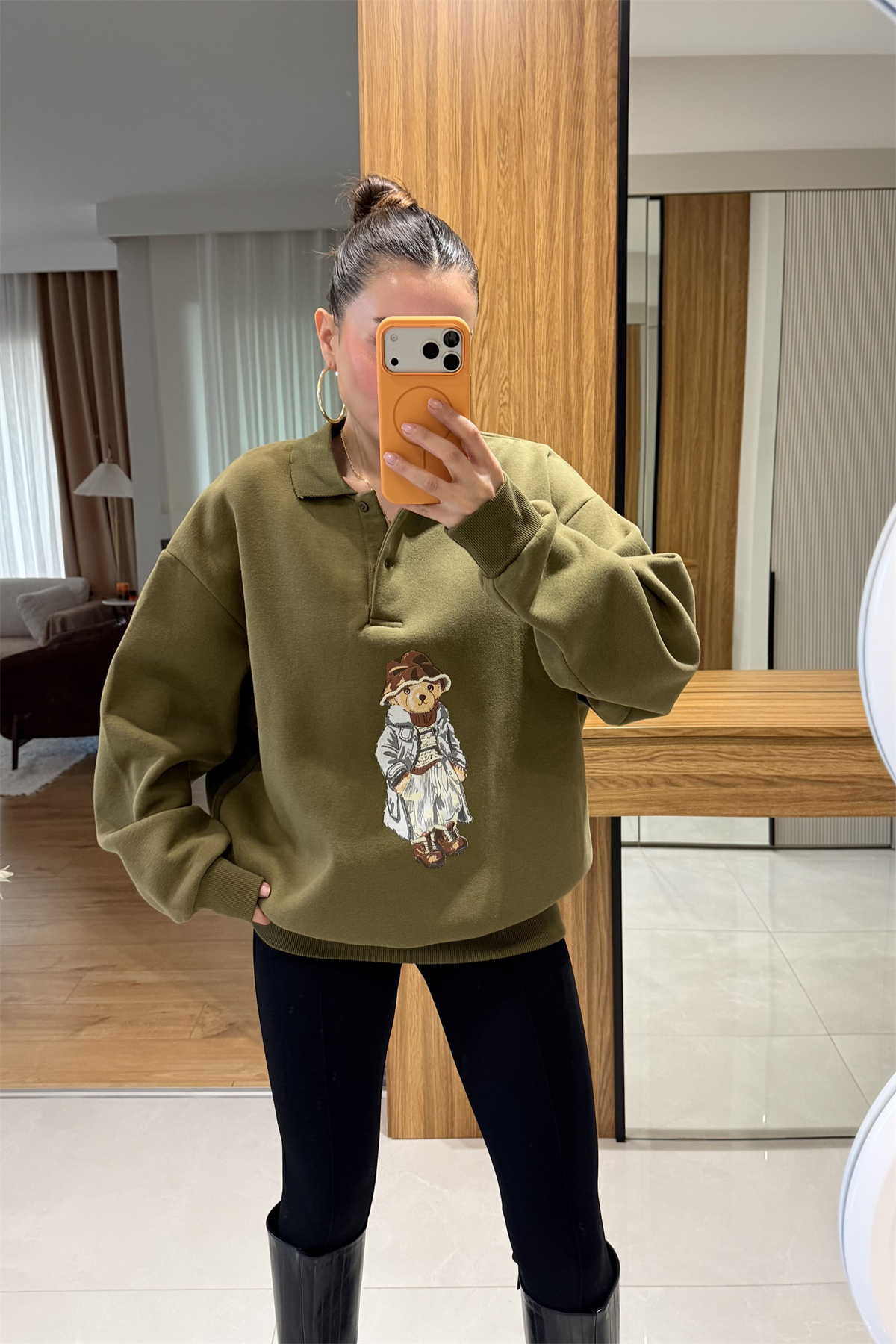 Wallet Haki Ayı Baskılı Şardonlu Sweatshirt
