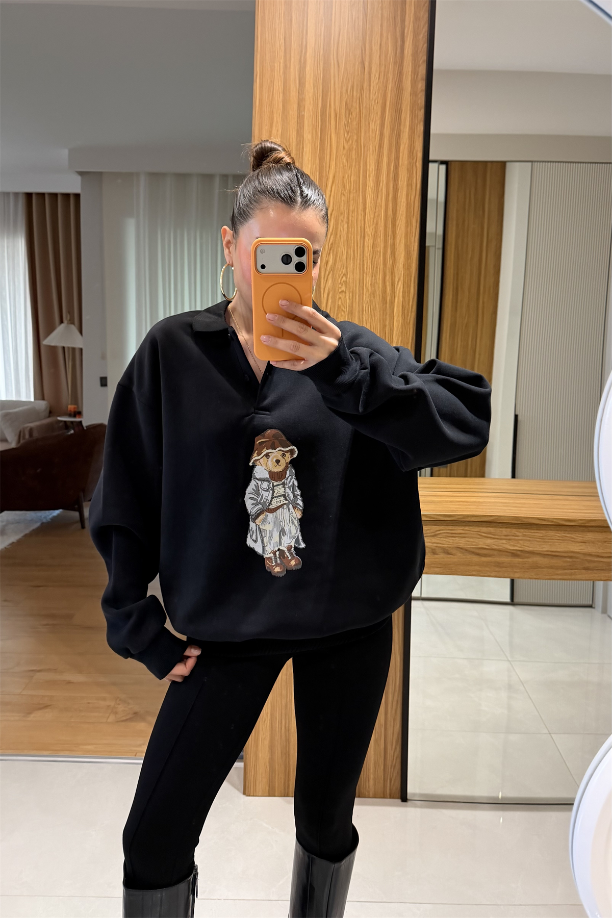 Wallet Siyah Ayı Baskılı Şardonlu Sweatshirt