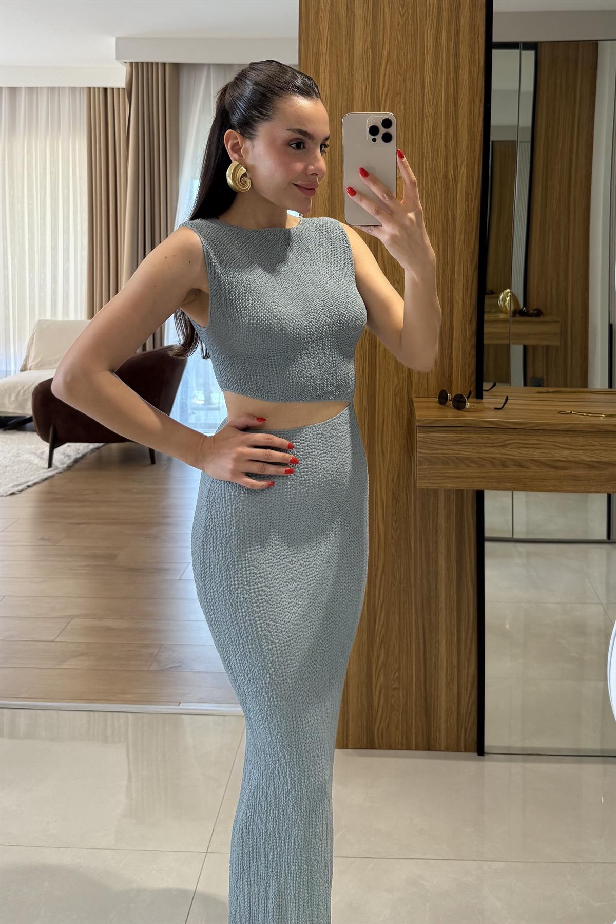 Walnet Gri Bel Dekolteli Elbise