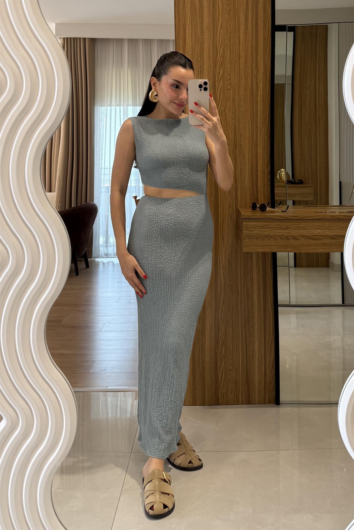 Walnet Gri Bel Dekolteli Elbise