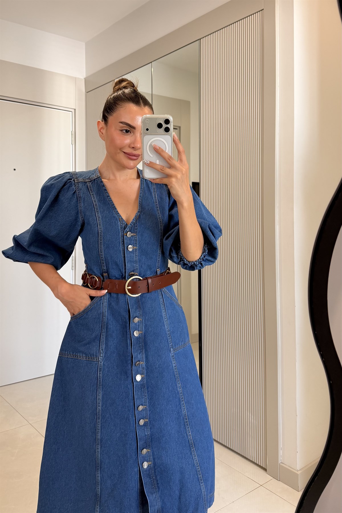 Walsh Balon Kollu Düğmeli Denim Elbise