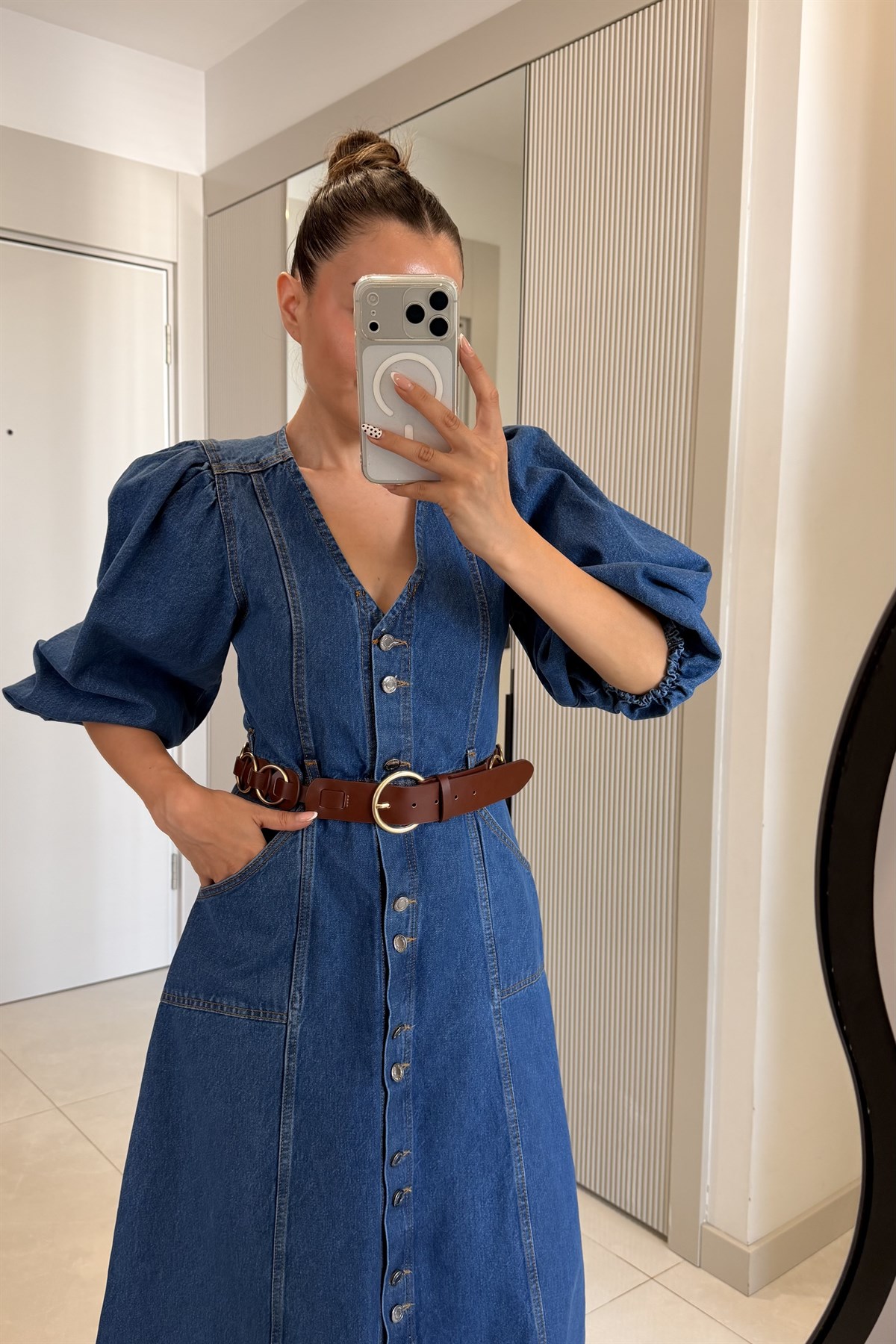 Walsh Balon Kollu Düğmeli Denim Elbise