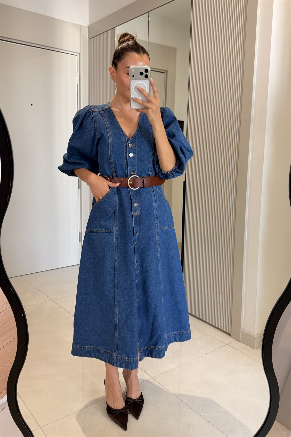 Walsh Balon Kollu Düğmeli Denim Elbise