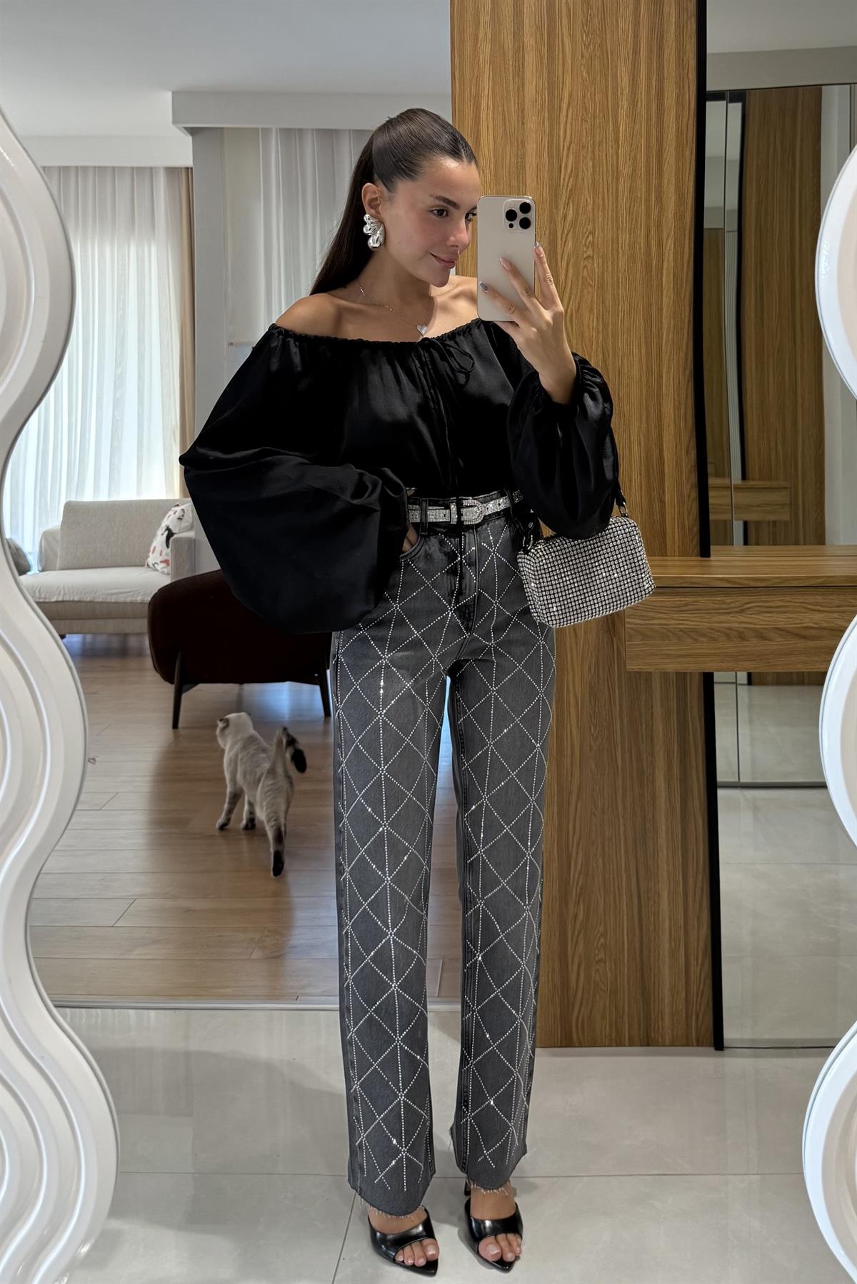 Wang Füme Çapraz Taşlı Jean