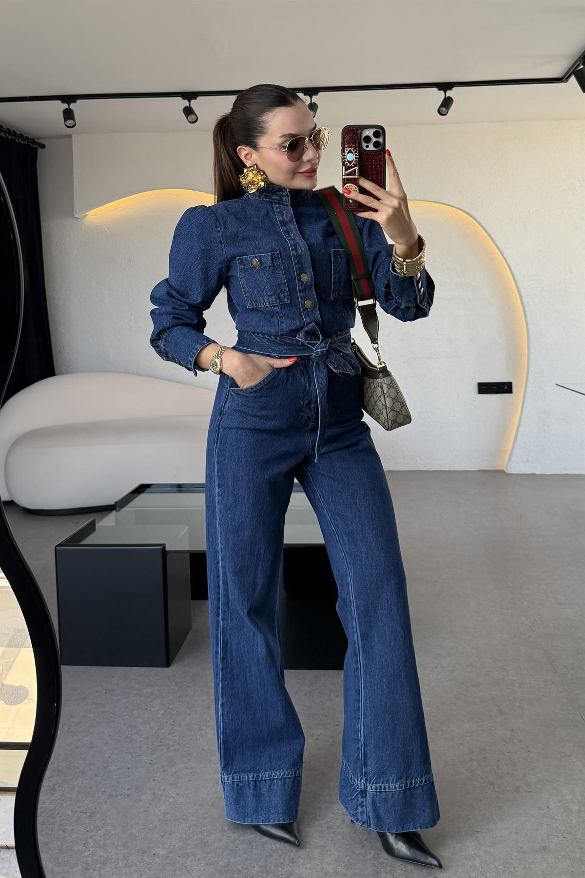 Warney Kuşaklı Denim Tulum 