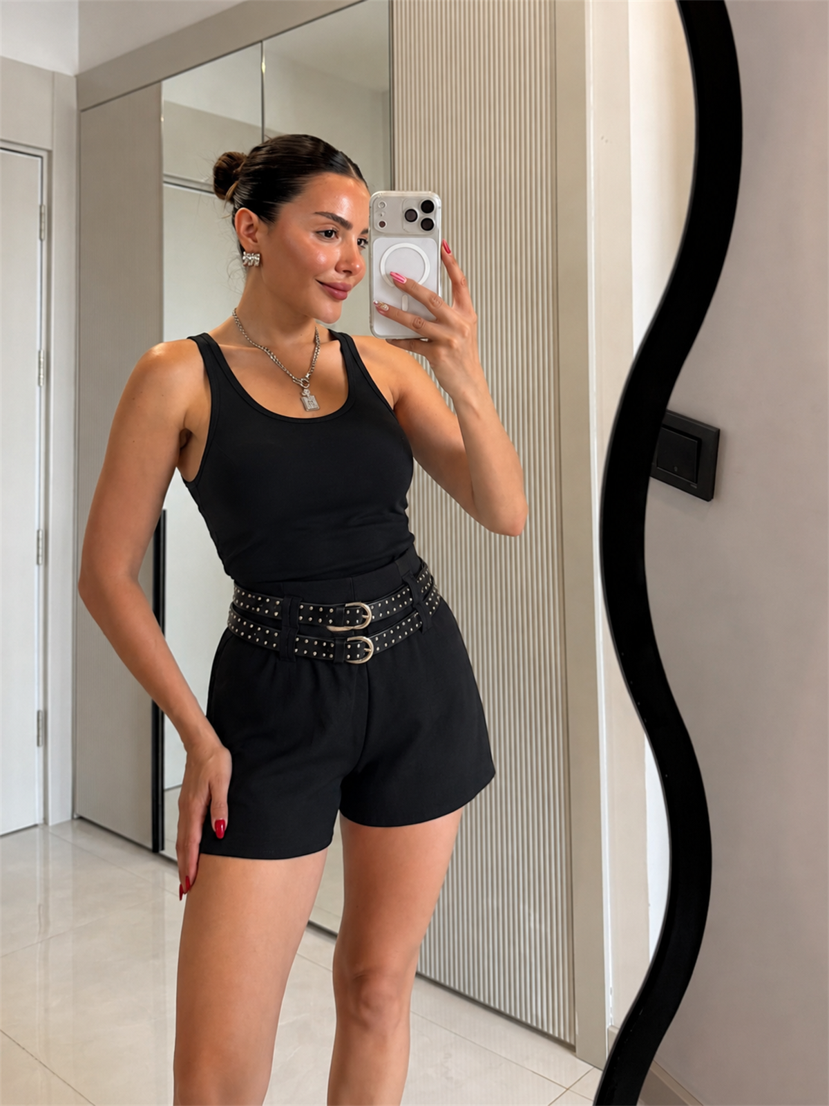 Weisa Siyah Çift Kemerli Şort