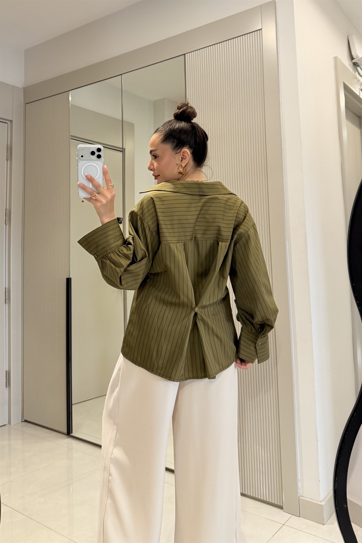 Weisman Haki Çizgili Modern Kesim Gömlek