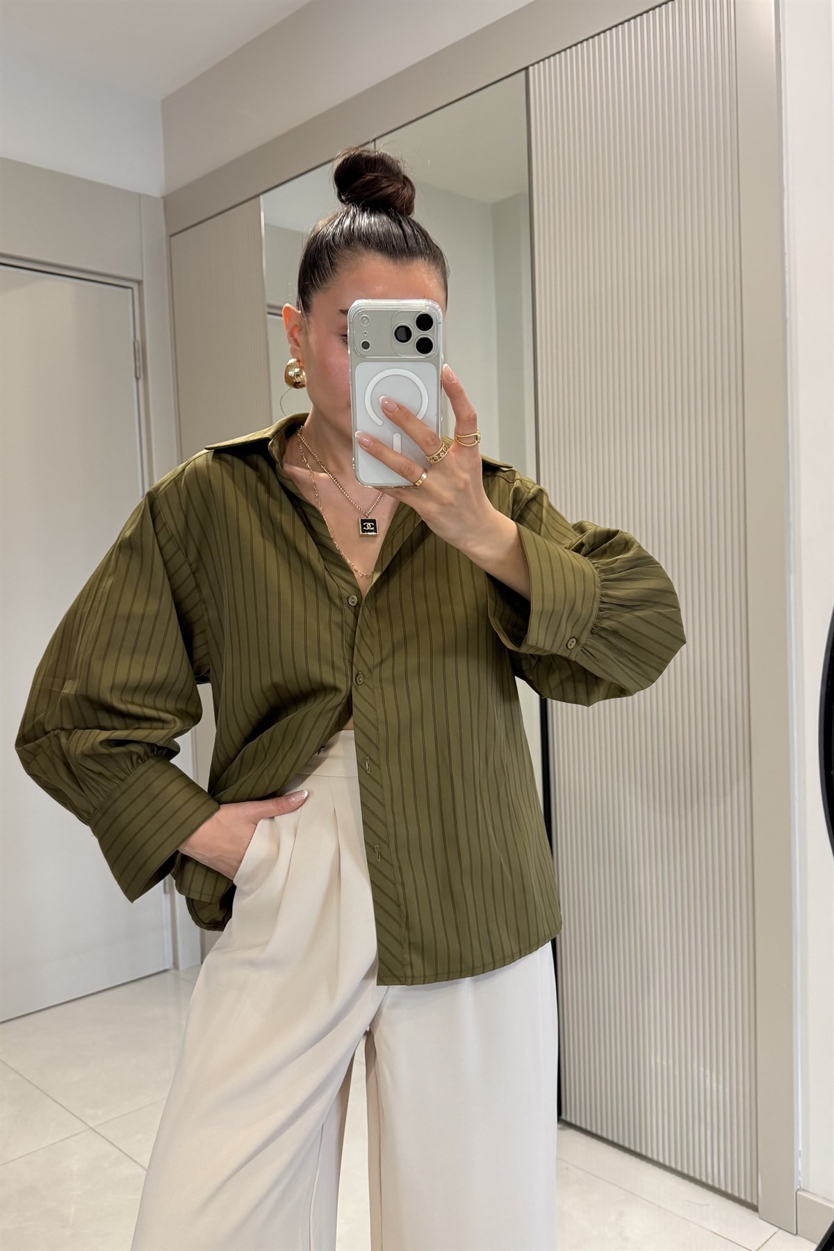 Weisman Haki Çizgili Modern Kesim Gömlek