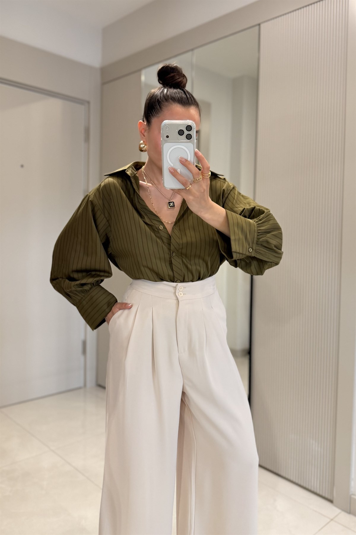 Weisman Haki Çizgili Modern Kesim Gömlek