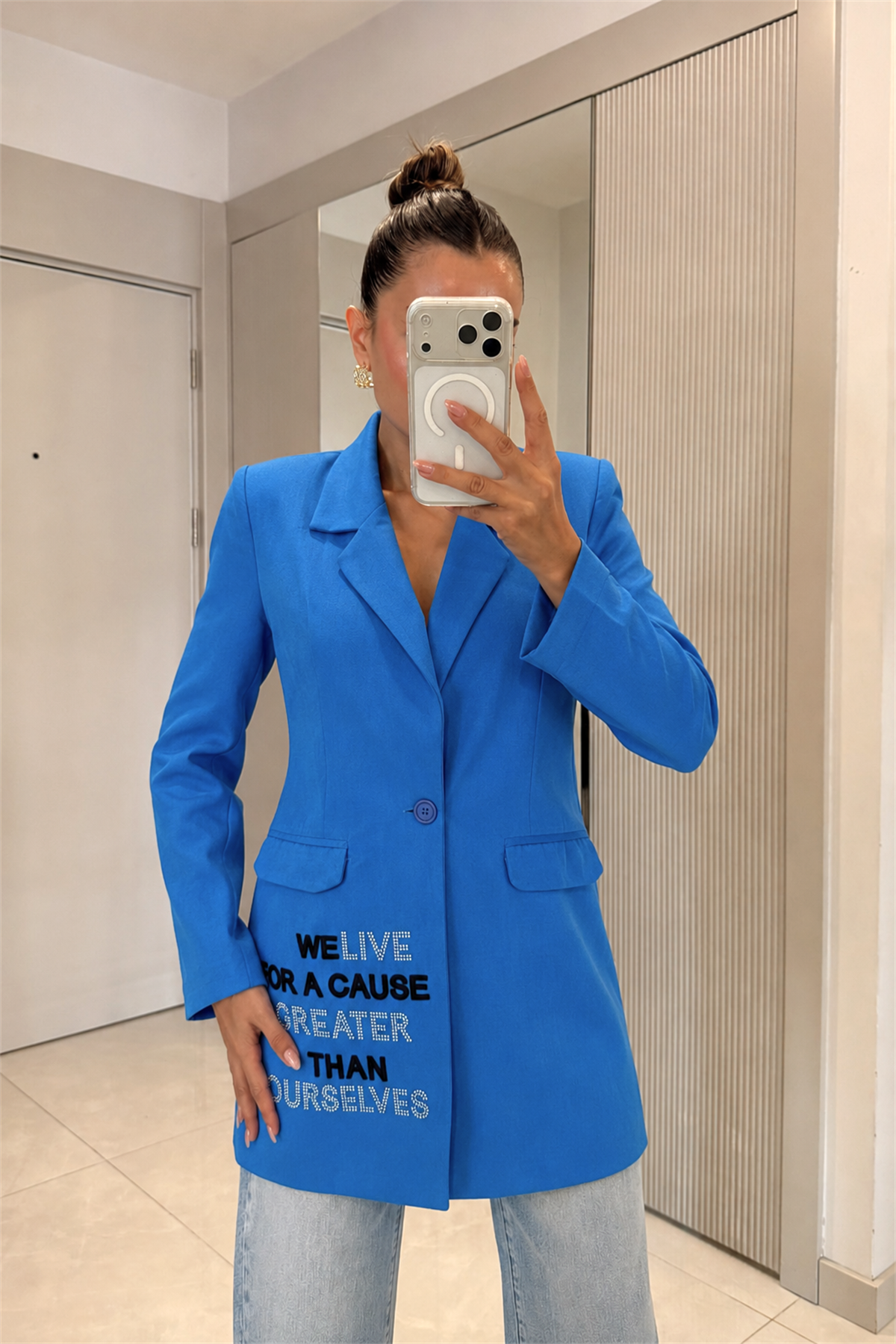 Welive Mavi Taşlı Yazılı Blazer Ceket